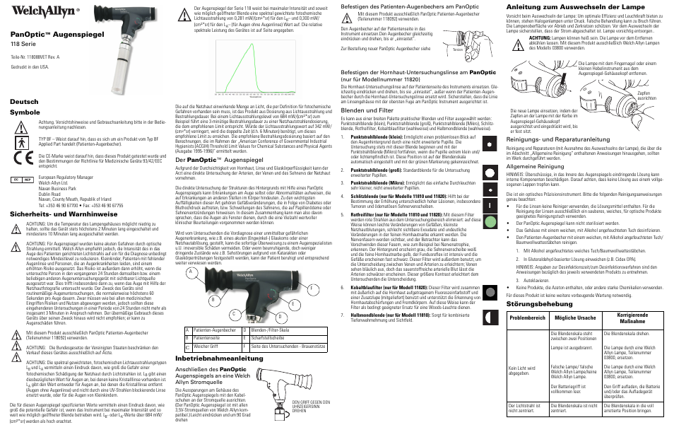 Deutsch, Symbole, Sicherheits- und warnhinweise | Der panoptic™ augenspiegel, Inbetriebnahmeanleitung, Blenden und filter, Anleitung zum auswechseln der lampe, Reinigungs- und reparaturanleitung, Störungsbehebung, Panoptic | Welch Allyn 118 Series PanOptic Ophthalmoscope - User Manual User Manual | Page 11 / 26