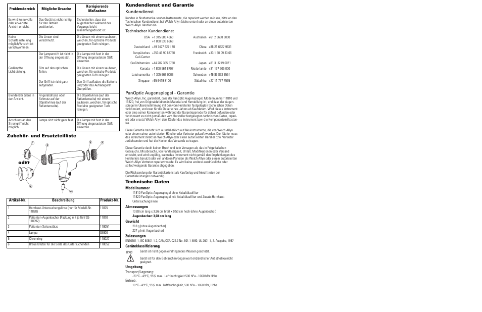 Zubehör- und ersatzteilliste, Oder, Kundendienst und garantie | Panoptic augenspiegel - garantie, Technische daten | Welch Allyn 118 Series PanOptic Ophthalmoscope - User Manual User Manual | Page 12 / 26