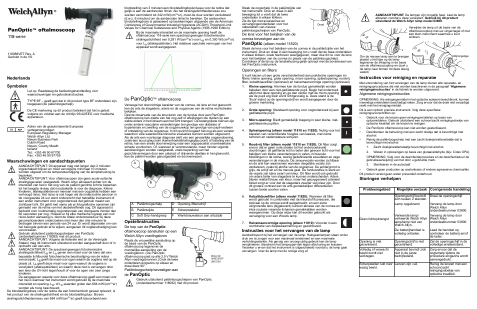 Nederlands, Symbolen, Waarschuwingen en aandachtspunten | Opstelinstructies, Openingen en filters, Instructies voor het vervangen van de lamp, Instructies voor reiniging en reparatie, Storingen verhelpen, Panoptic, Oftalmoscoop | Welch Allyn 118 Series PanOptic Ophthalmoscope - User Manual User Manual | Page 15 / 26