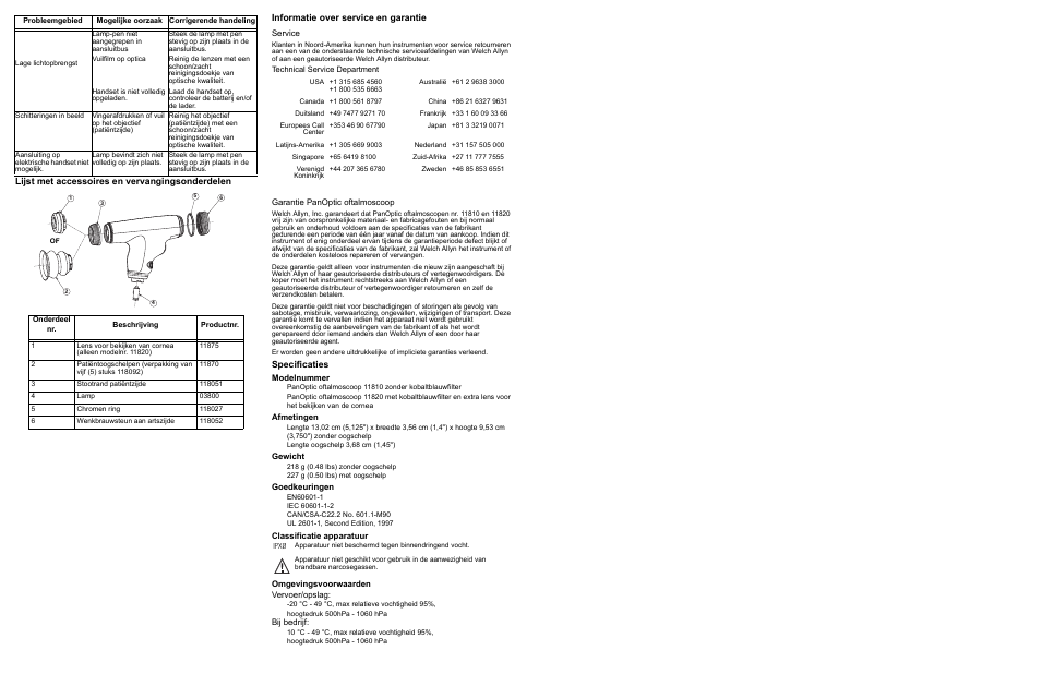 Lijst met accessoires en vervangingsonderdelen, Informatie over service en garantie, Service | Garantie panoptic oftalmoscoop, Specificaties | Welch Allyn 118 Series PanOptic Ophthalmoscope - User Manual User Manual | Page 16 / 26