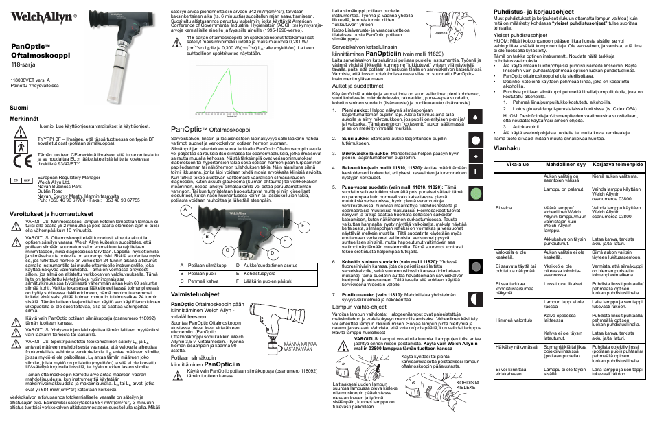 Suomi, Merkinnät, Varoitukset ja huomautukset | Valmisteluohjeet, Aukot ja suodattimet, Lampun vaihto-ohjeet, Puhdistus- ja korjausohjeet, Vianhaku, Panoptic, Panopticiin | Welch Allyn 118 Series PanOptic Ophthalmoscope - User Manual User Manual | Page 17 / 26