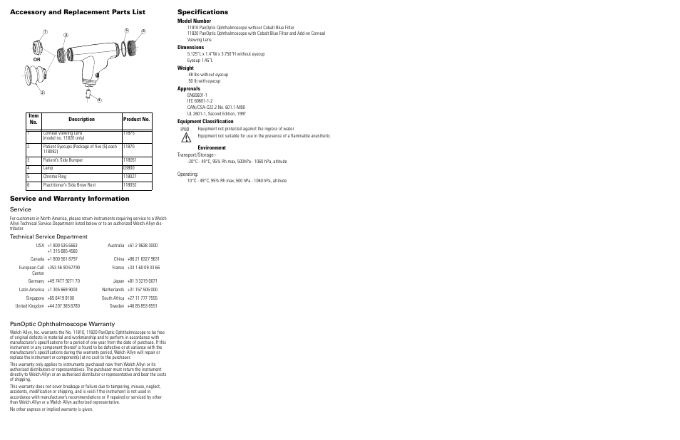 Accessory and replacement parts list, Service and warranty information, Service | Panoptic ophthalmoscope warranty, Specifications | Welch Allyn 118 Series PanOptic Ophthalmoscope - User Manual User Manual | Page 2 / 26