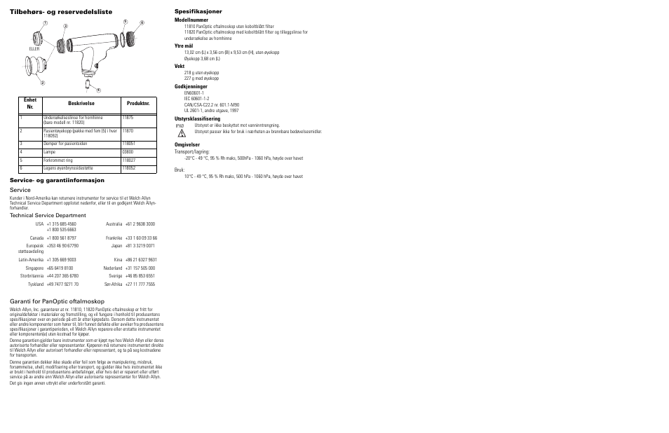 Tilbehørs- og reservedelsliste, Service- og garantiinformasjon, Service | Garanti for panoptic oftalmoskop, Spesifikasjoner | Welch Allyn 118 Series PanOptic Ophthalmoscope - User Manual User Manual | Page 20 / 26