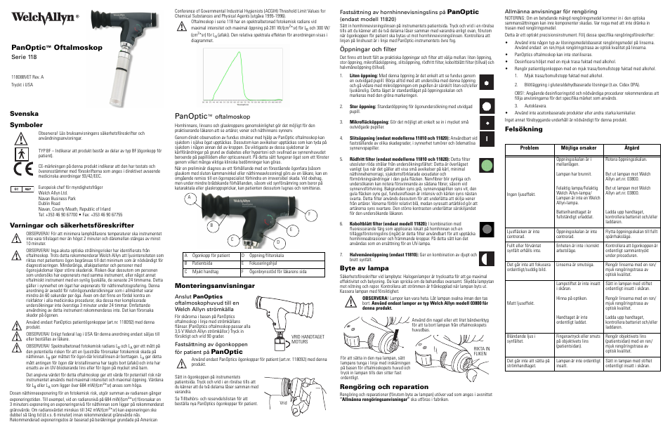 Svenska, Symboler, Varningar och säkerhetsföreskrifter | Monteringsanvisningar, Öppningar och filter, Byte av lampa, Rengöring och reparation, Felsökning, Panoptic, Oftalmoskop | Welch Allyn 118 Series PanOptic Ophthalmoscope - User Manual User Manual | Page 21 / 26