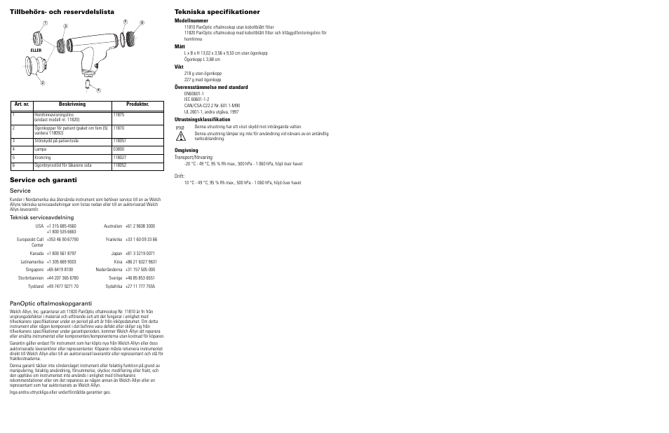 Tillbehörs- och reservdelslista, Service och garanti, Service | Panoptic oftalmoskopgaranti, Tekniska specifikationer | Welch Allyn 118 Series PanOptic Ophthalmoscope - User Manual User Manual | Page 22 / 26