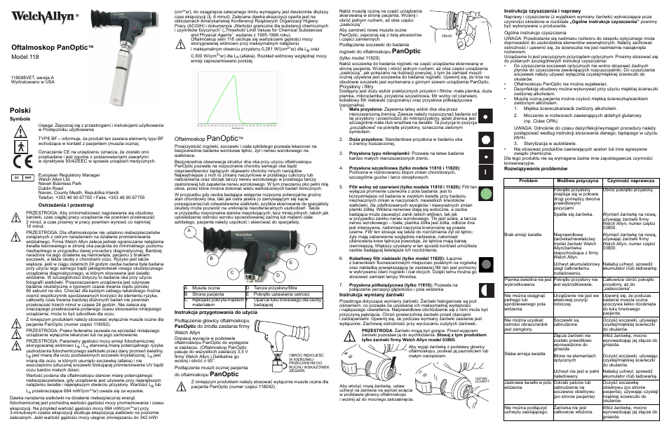 Polski, Symbole, Ostrzeżenia i przestrogi | Instrukcja przygotowania do użycia, Przysłony i filtry, Instrukcja wymiany żarówki, Instrukcja czyszczenia i naprawy, Rozwiązywanie problemów, Panoptic, Oftalmoskop panoptic | Welch Allyn 118 Series PanOptic Ophthalmoscope - User Manual User Manual | Page 23 / 26