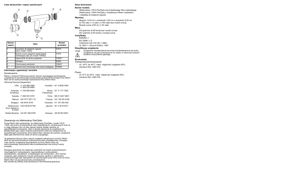 Lista akcesoriów i części zamiennych, Informacja o gwarancji i serwisie, Serwisowanie | Dane techniczne | Welch Allyn 118 Series PanOptic Ophthalmoscope - User Manual User Manual | Page 24 / 26