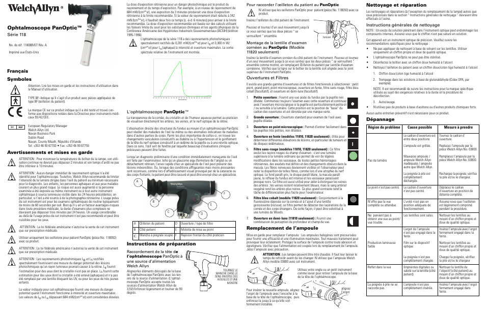 Français, Symboles, Avertissements et mises en garde | Instructions de préparation, Ouvertures et filtres, Remplacement de l’ampoule, Nettoyage et réparation, Instructions générales de nettoyage, Dépannage, Ophtalmoscope panoptic | Welch Allyn 118 Series PanOptic Ophthalmoscope - User Manual User Manual | Page 3 / 26