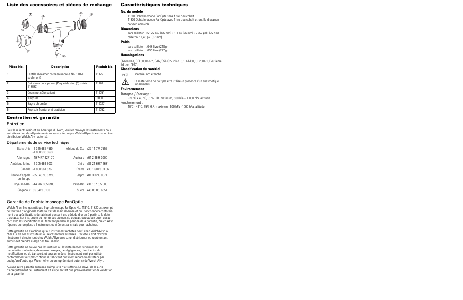 Liste des accessoires et pièces de rechange, Eentretien et garantie, Garantie de l’ophtalmoscope panoptic | Caractéristiques techniques | Welch Allyn 118 Series PanOptic Ophthalmoscope - User Manual User Manual | Page 4 / 26