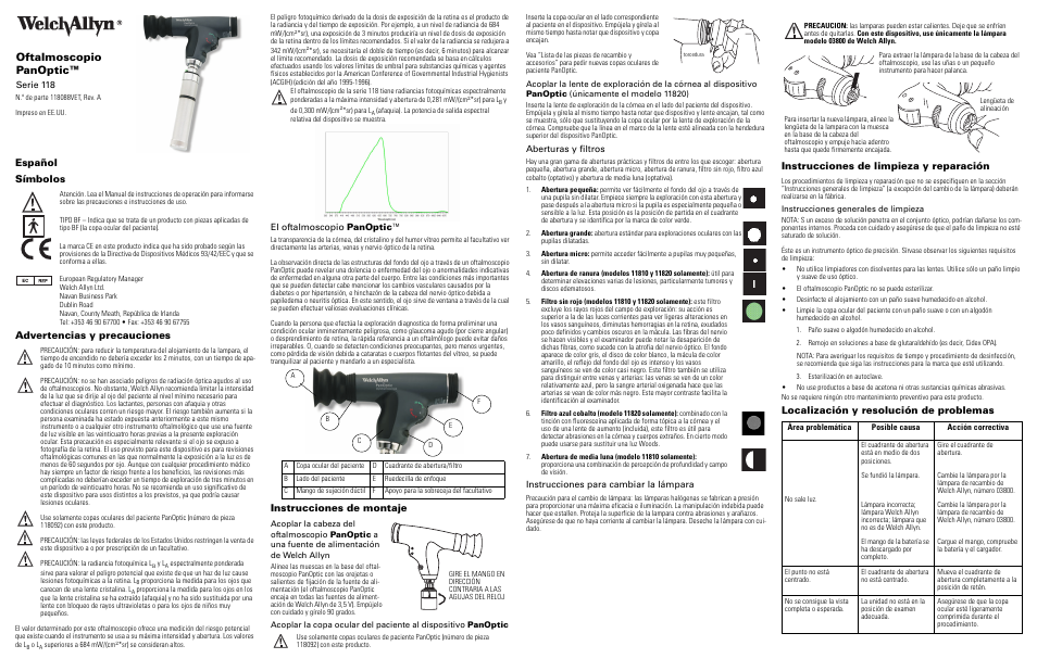 Español, Símbolos, Advertencias y precauciones | Instrucciones de montaje, Aberturas y filtros, Instrucciones para cambiar la lámpara, Instrucciones de limpieza y reparación, Localización y resolución de problemas, Oftalmoscopio panoptic, Español símbolos | Welch Allyn 118 Series PanOptic Ophthalmoscope - User Manual User Manual | Page 5 / 26