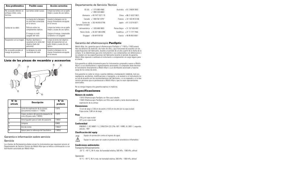 Lista de las piezas de recambio y accesorios, Garantía e información sobre servicio, Servicio | Departamento de servicio técnico, Garantía del oftalmoscopio panoptic, Especificaciones | Welch Allyn 118 Series PanOptic Ophthalmoscope - User Manual User Manual | Page 6 / 26