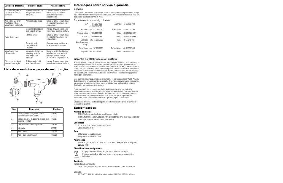 Lista de acessórios e peças de susbtituição, Informações sobre serviço e garantia, Serviço | Garantia do oftalmoscópio panoptic, Especificações | Welch Allyn 118 Series PanOptic Ophthalmoscope - User Manual User Manual | Page 8 / 26