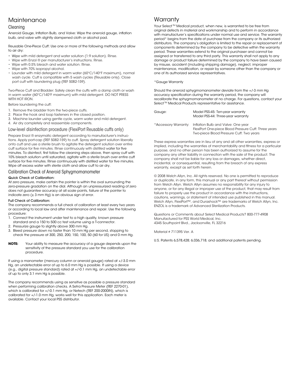 Maintenance, Warranty, Cleaning | Calibration check of aneroid sphygmomanometer | Welch Allyn Aneroid Sphygmomanometer - User Manual User Manual | Page 2 / 2