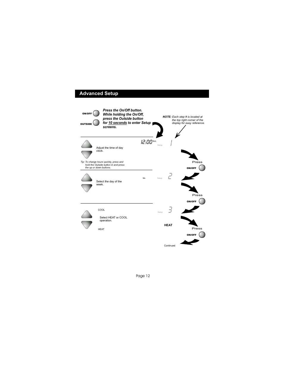 I2:00, Advanced setup | Bryant TSTATBBP2W01 User Manual | Page 13 / 23