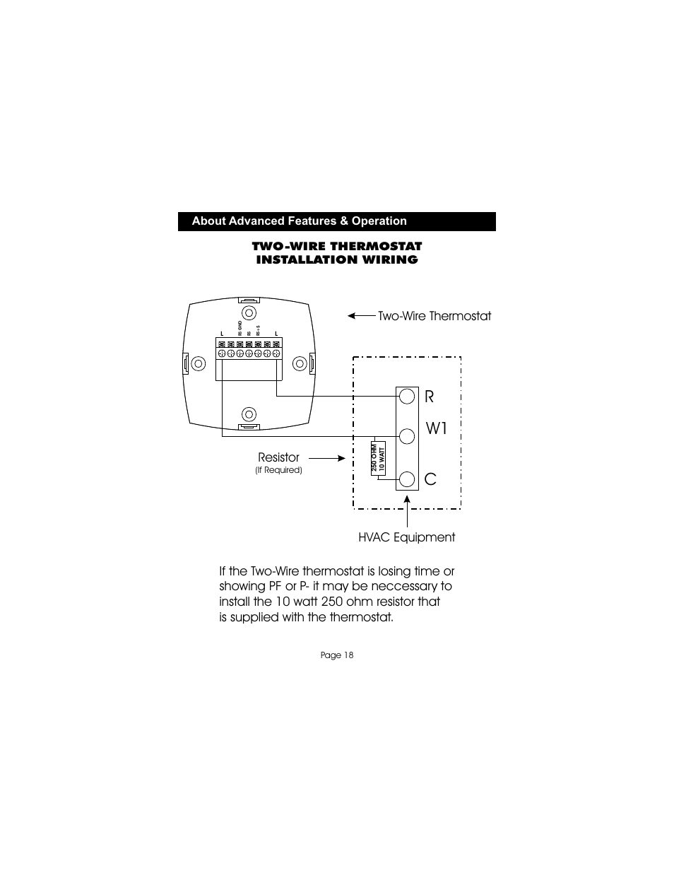 Rw1 c, Hvac equipment, Two-wire thermostat | Resistor, About advanced features & operation, Two-wire thermostat installation wiring | Bryant TSTATBBP2W01 User Manual | Page 19 / 23