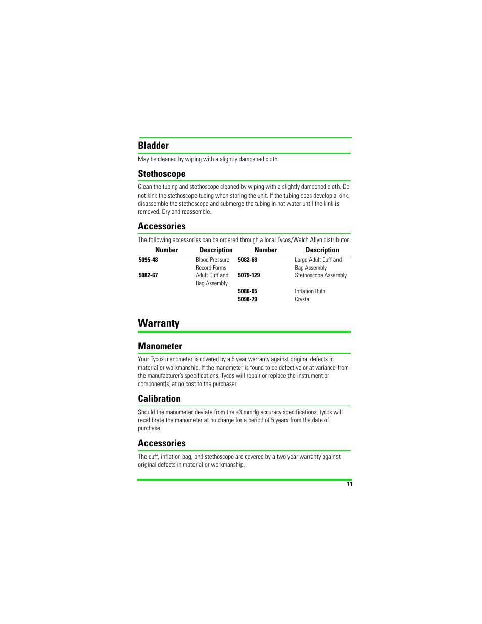 Bladder, Stethoscope, Accessories | Warranty, Manometer, Calibration | Welch Allyn LProcheck Blood Pressue (BP) Measurement - User Manual User Manual | Page 11 / 12