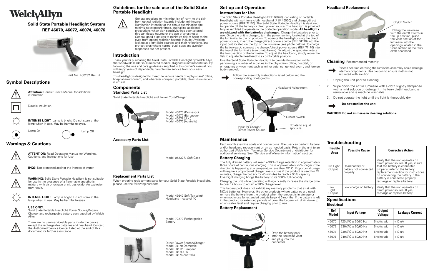 Welch Allyn 4607x Solid State Portable Headlight System - User Manual User Manual | 2 pages