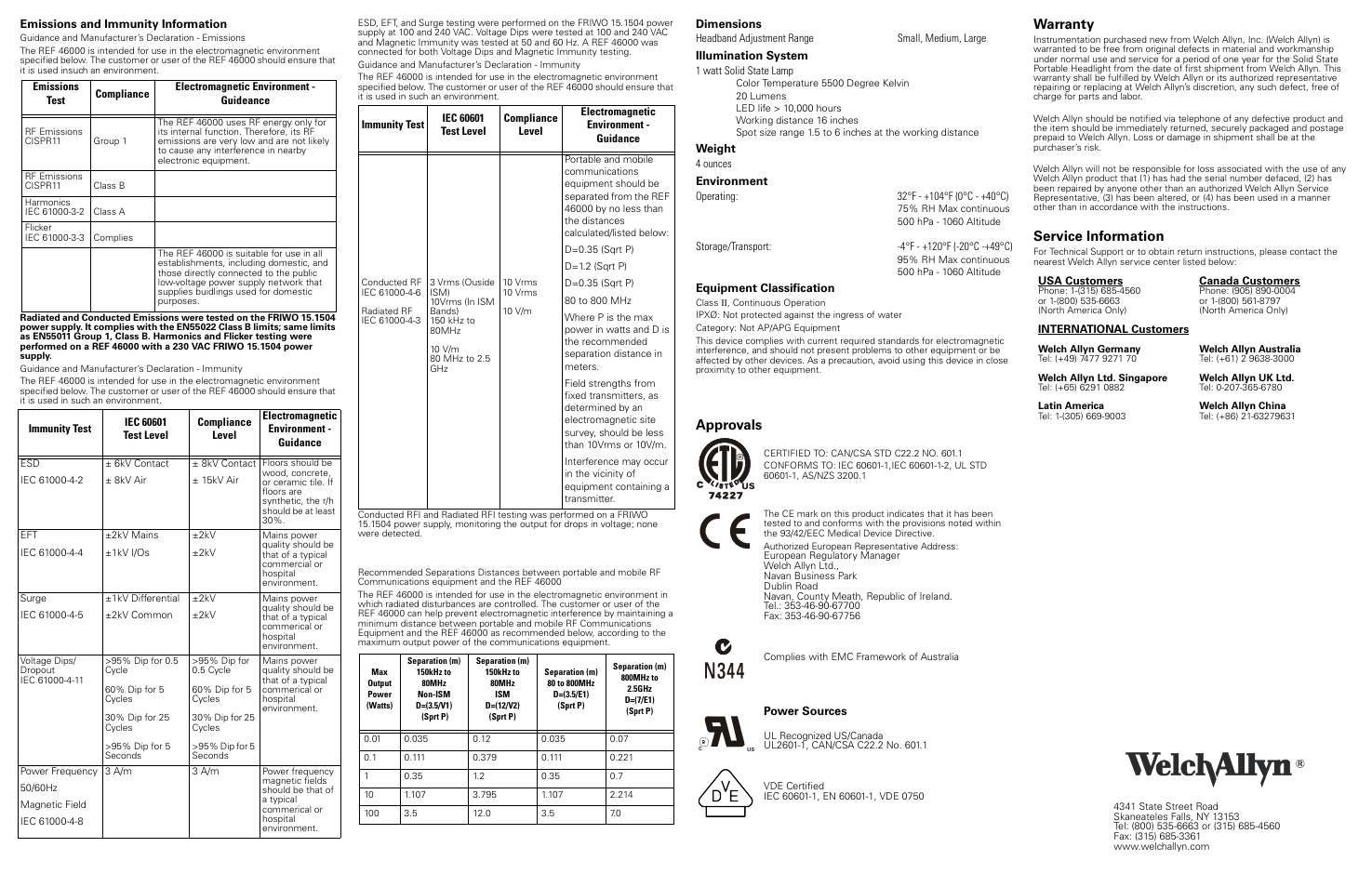 Approvals, Warranty, Service information | Welch Allyn 4607x Solid State Portable Headlight System - User Manual User Manual | Page 2 / 2