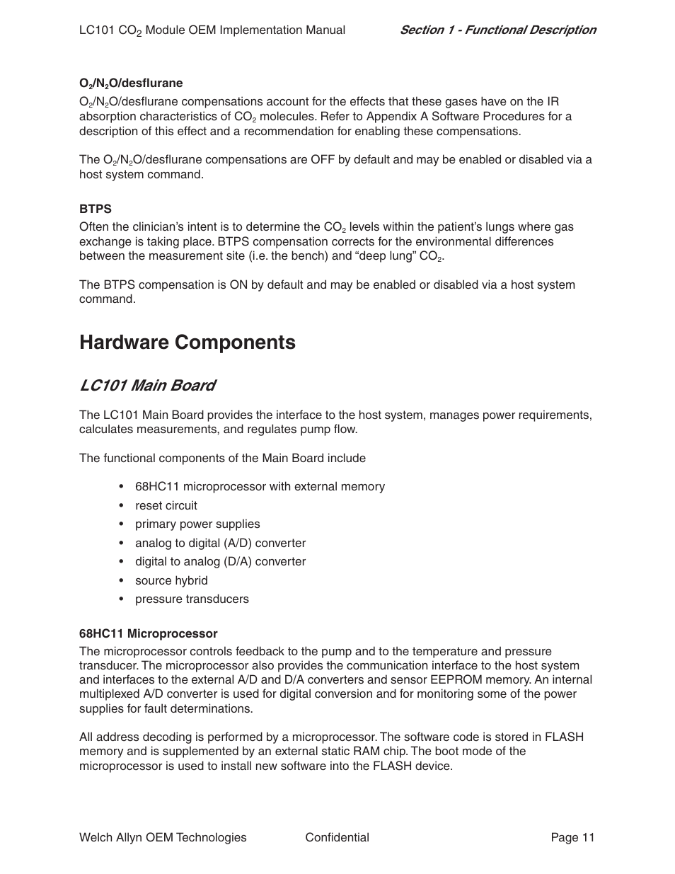 Hardware components, Lc101 main board | Welch Allyn LC101 CO2 Module  - User Manual User Manual | Page 11 / 98