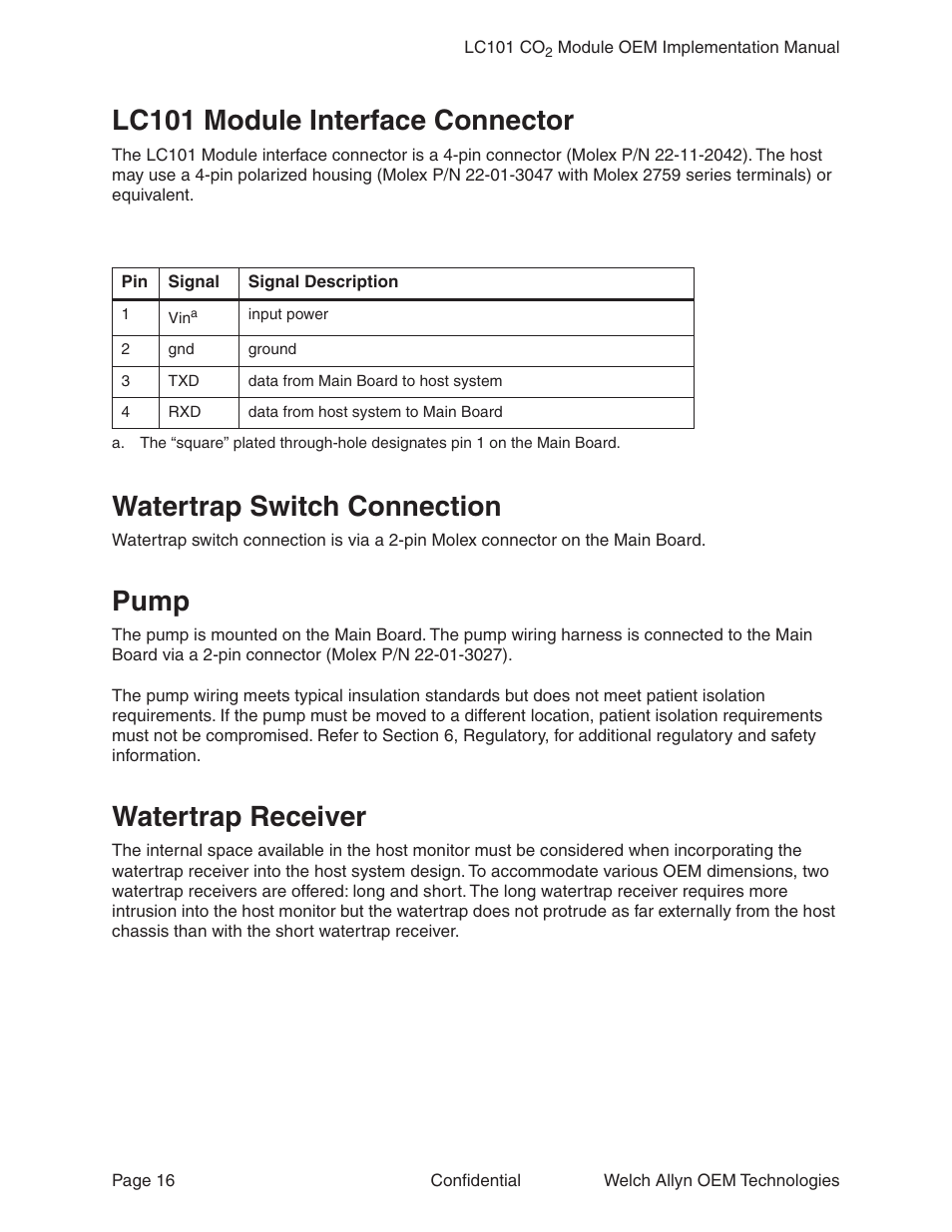 Lc101 module interface connector, Watertrap switch connection, Pump | Watertrap receiver | Welch Allyn LC101 CO2 Module  - User Manual User Manual | Page 16 / 98
