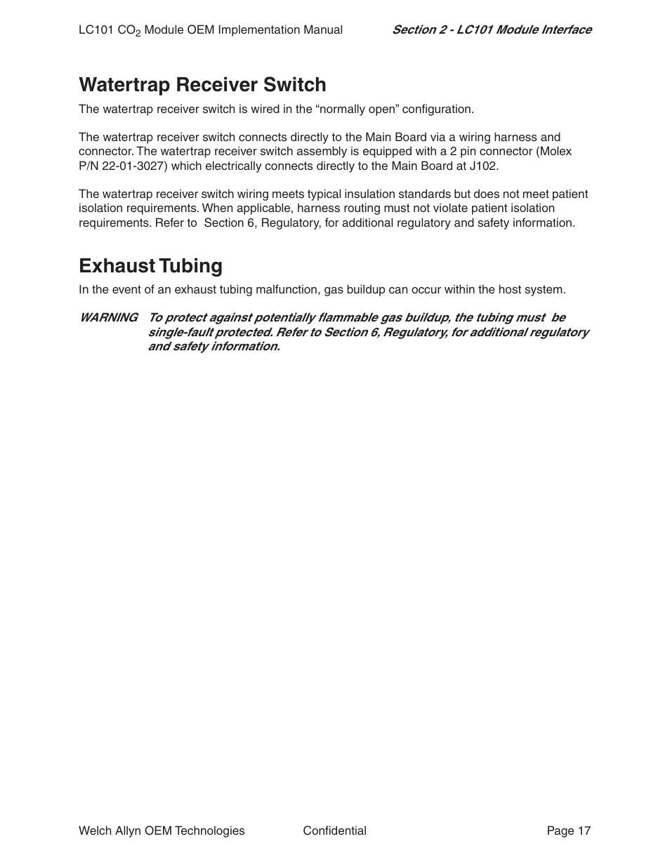Watertrap receiver switch, Exhaust tubing | Welch Allyn LC101 CO2 Module  - User Manual User Manual | Page 17 / 98