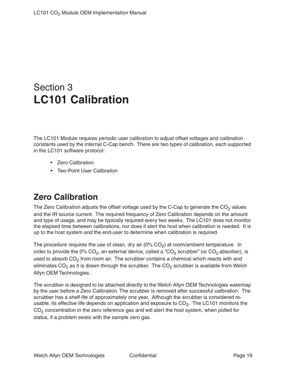 Section 3 lc101 calibration, Zero calibration, Section 3 | Lc101 calibration | Welch Allyn LC101 CO2 Module  - User Manual User Manual | Page 19 / 98