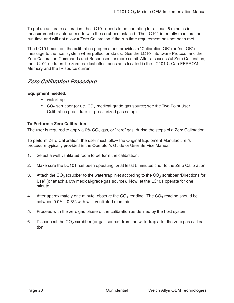 Zero calibration procedure | Welch Allyn LC101 CO2 Module  - User Manual User Manual | Page 20 / 98