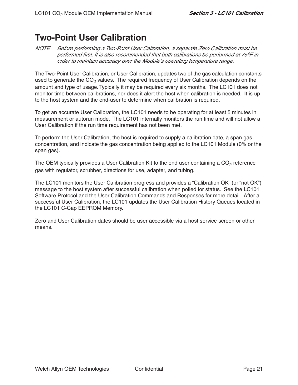 Two-point user calibration | Welch Allyn LC101 CO2 Module  - User Manual User Manual | Page 21 / 98