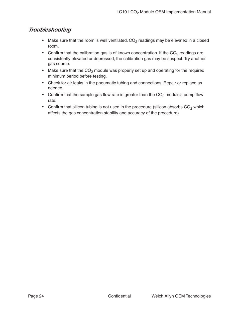 Troubleshooting | Welch Allyn LC101 CO2 Module  - User Manual User Manual | Page 24 / 98