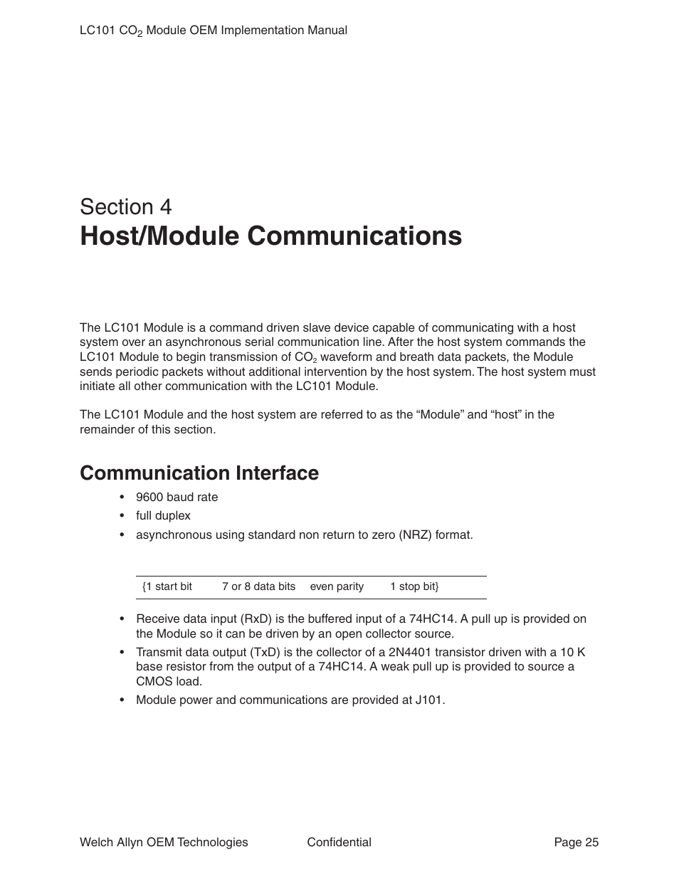 Section 4 host/module communications, Communication interface, Section 4 | Host/module communications | Welch Allyn LC101 CO2 Module  - User Manual User Manual | Page 25 / 98