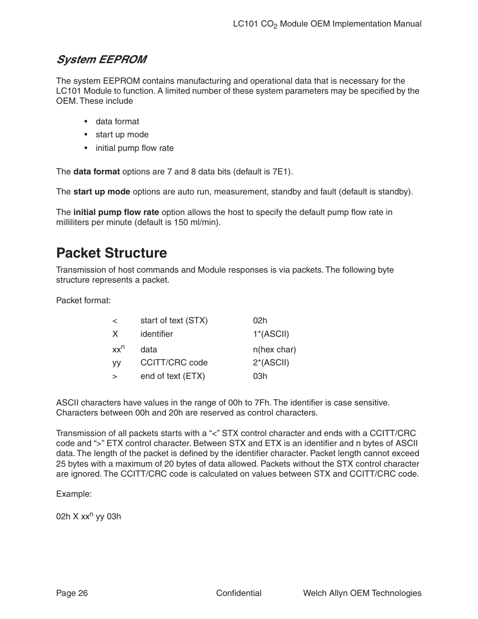 System eeprom, Packet structure | Welch Allyn LC101 CO2 Module  - User Manual User Manual | Page 26 / 98