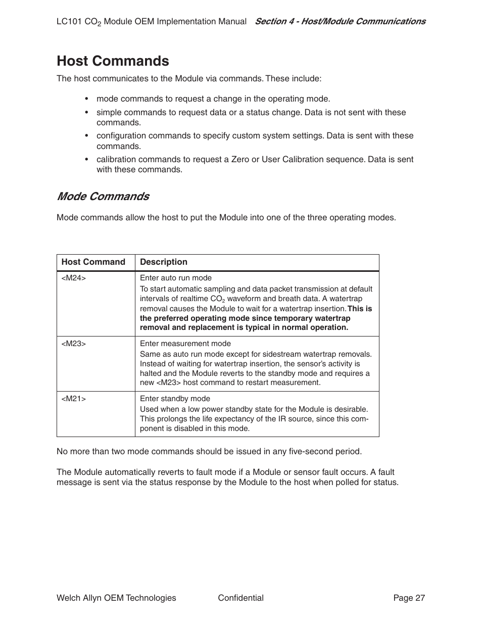 Host commands, Mode commands | Welch Allyn LC101 CO2 Module  - User Manual User Manual | Page 27 / 98