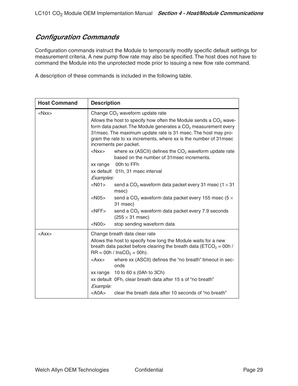 Configuration commands | Welch Allyn LC101 CO2 Module  - User Manual User Manual | Page 29 / 98