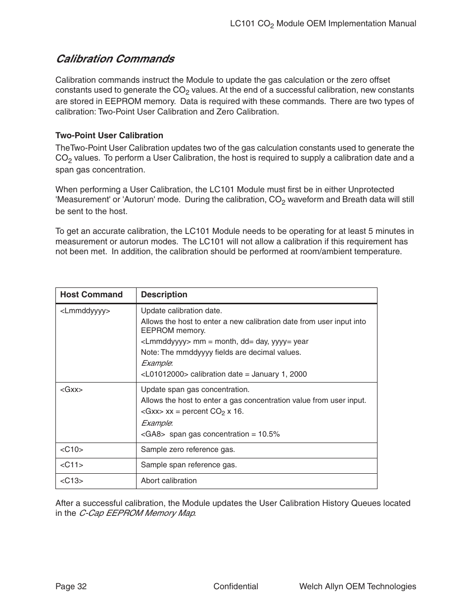 Calibration commands | Welch Allyn LC101 CO2 Module  - User Manual User Manual | Page 32 / 98