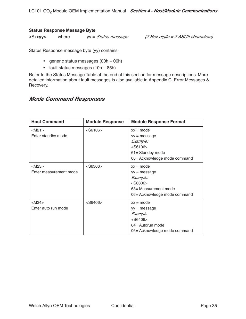 Mode command responses | Welch Allyn LC101 CO2 Module  - User Manual User Manual | Page 35 / 98