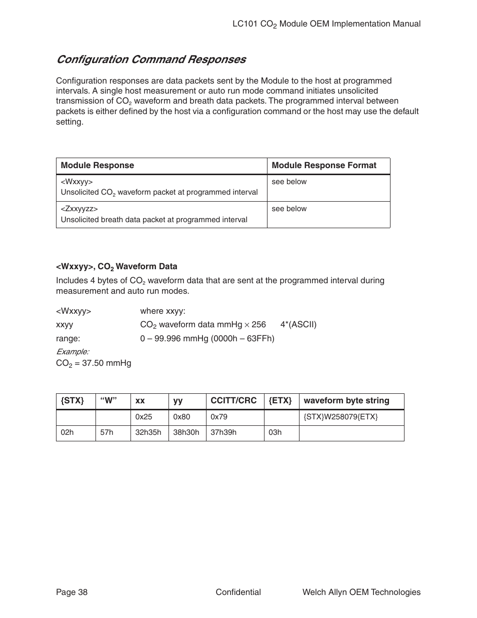 Configuration command responses | Welch Allyn LC101 CO2 Module  - User Manual User Manual | Page 38 / 98