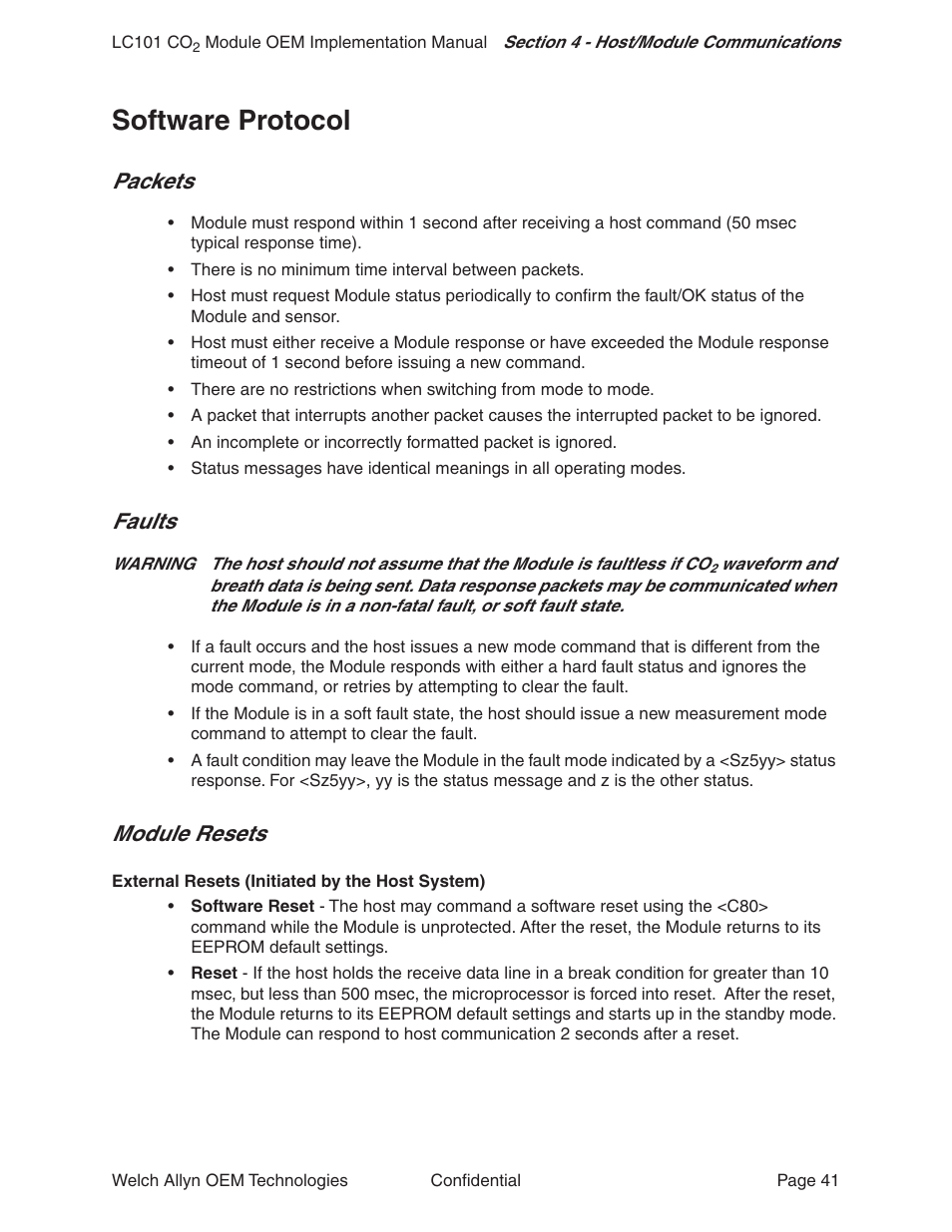Software protocol, Packets, Faults | Module resets, Packets faults module resets | Welch Allyn LC101 CO2 Module  - User Manual User Manual | Page 41 / 98