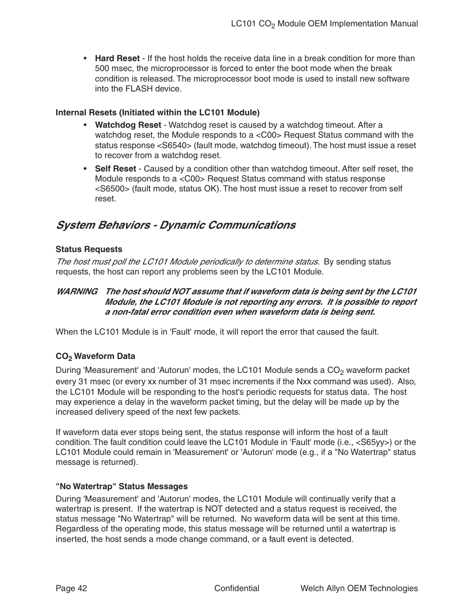 System behaviors - dynamic communications | Welch Allyn LC101 CO2 Module  - User Manual User Manual | Page 42 / 98