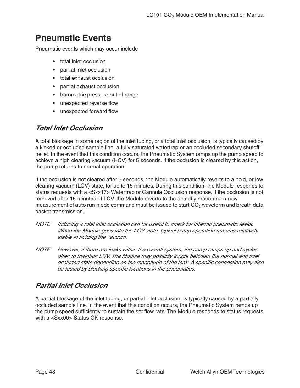 Pneumatic events, Total inlet occlusion, Partial inlet occlusion | Total inlet occlusion partial inlet occlusion | Welch Allyn LC101 CO2 Module  - User Manual User Manual | Page 48 / 98