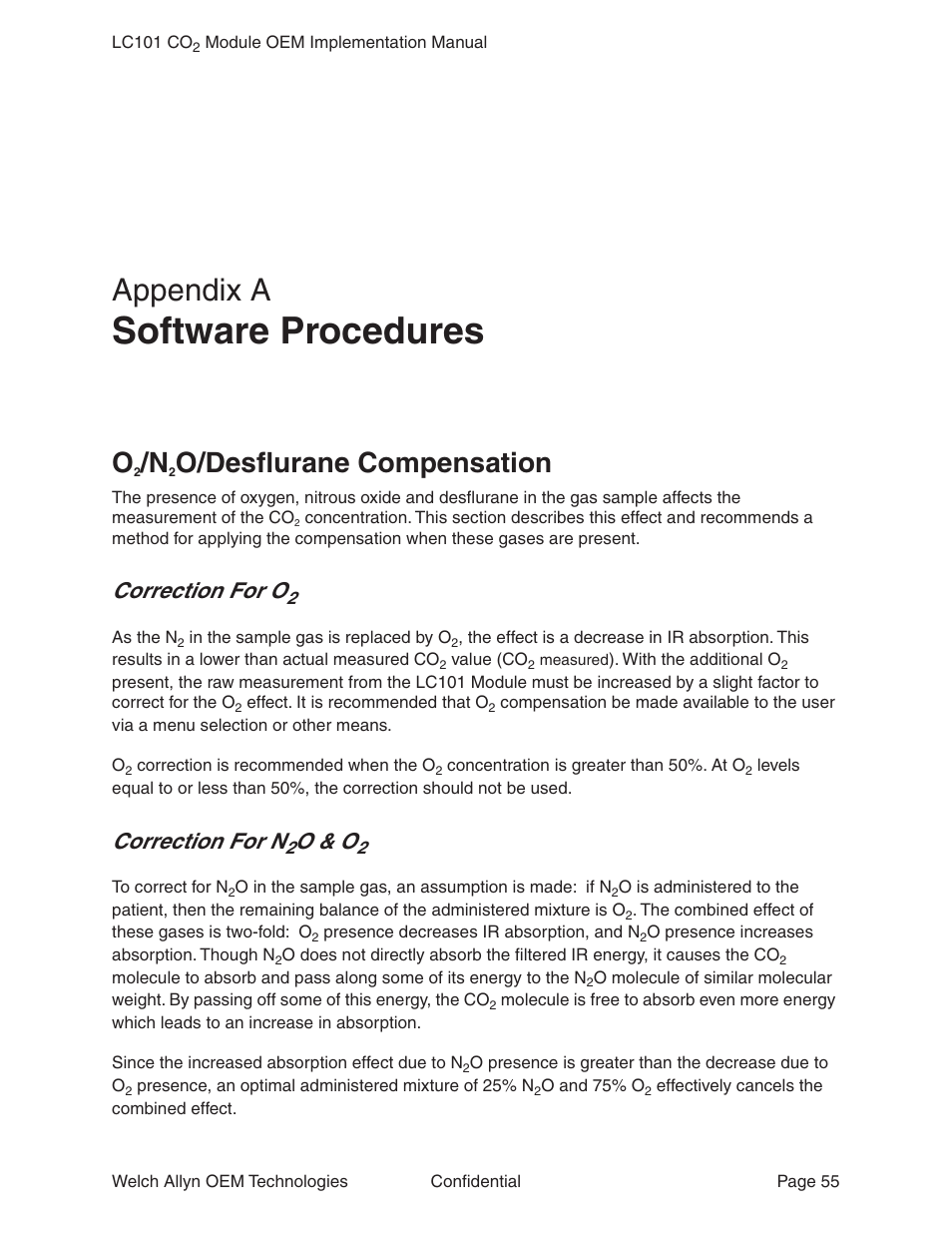 Appendix a software procedures, O2/n2o/desflurane compensation, Correction for o2 | Correction for n2o & o2, Appendix a, Software procedures, Correction for o2 correction for n2o & o2, O/desflurane compensation, Correction for o, Correction for n | Welch Allyn LC101 CO2 Module - User Manual User Manual | Page 55 / 98