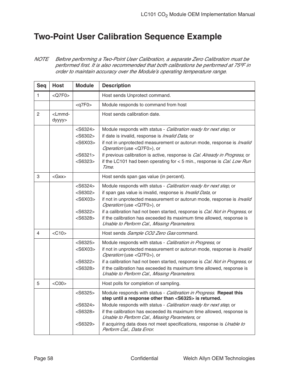 Two-point user calibration sequence example | Welch Allyn LC101 CO2 Module  - User Manual User Manual | Page 58 / 98