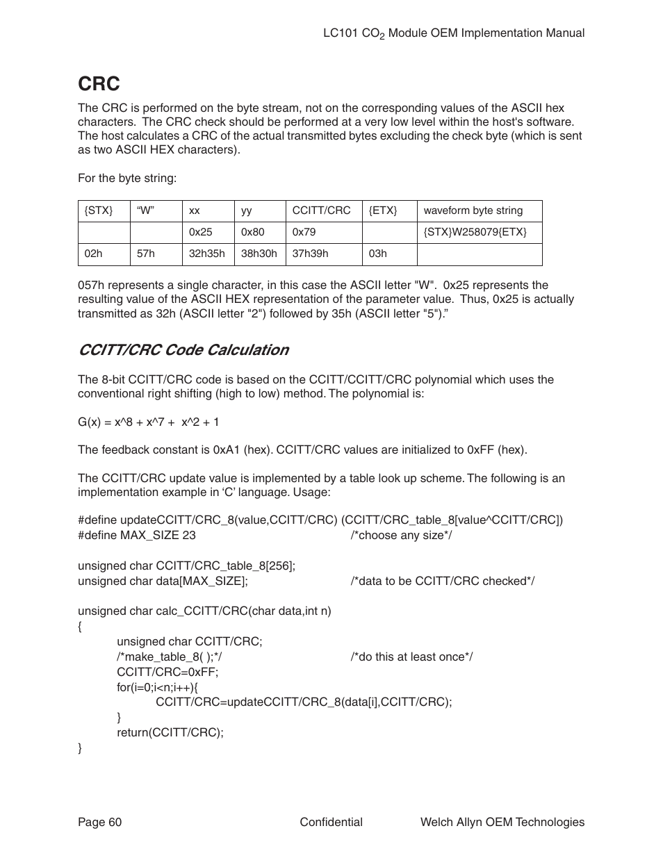 Ccitt/crc code calculation | Welch Allyn LC101 CO2 Module  - User Manual User Manual | Page 60 / 98