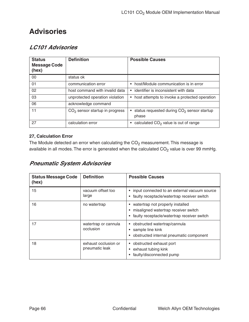 Advisories, Lc101 advisories, Pneumatic system advisories | Lc101 advisories pneumatic system advisories | Welch Allyn LC101 CO2 Module  - User Manual User Manual | Page 66 / 98