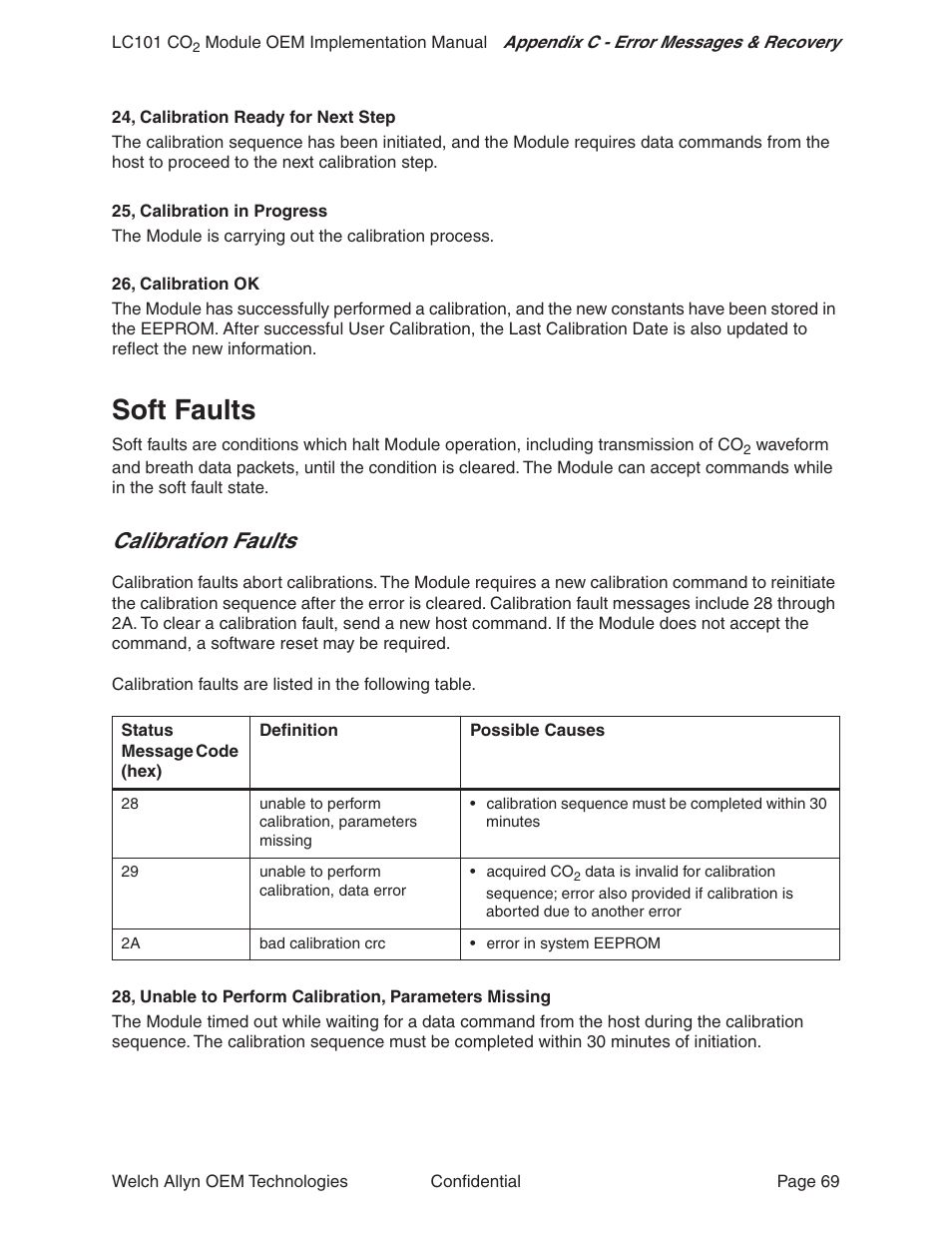 Soft faults, Calibration faults | Welch Allyn LC101 CO2 Module  - User Manual User Manual | Page 69 / 98