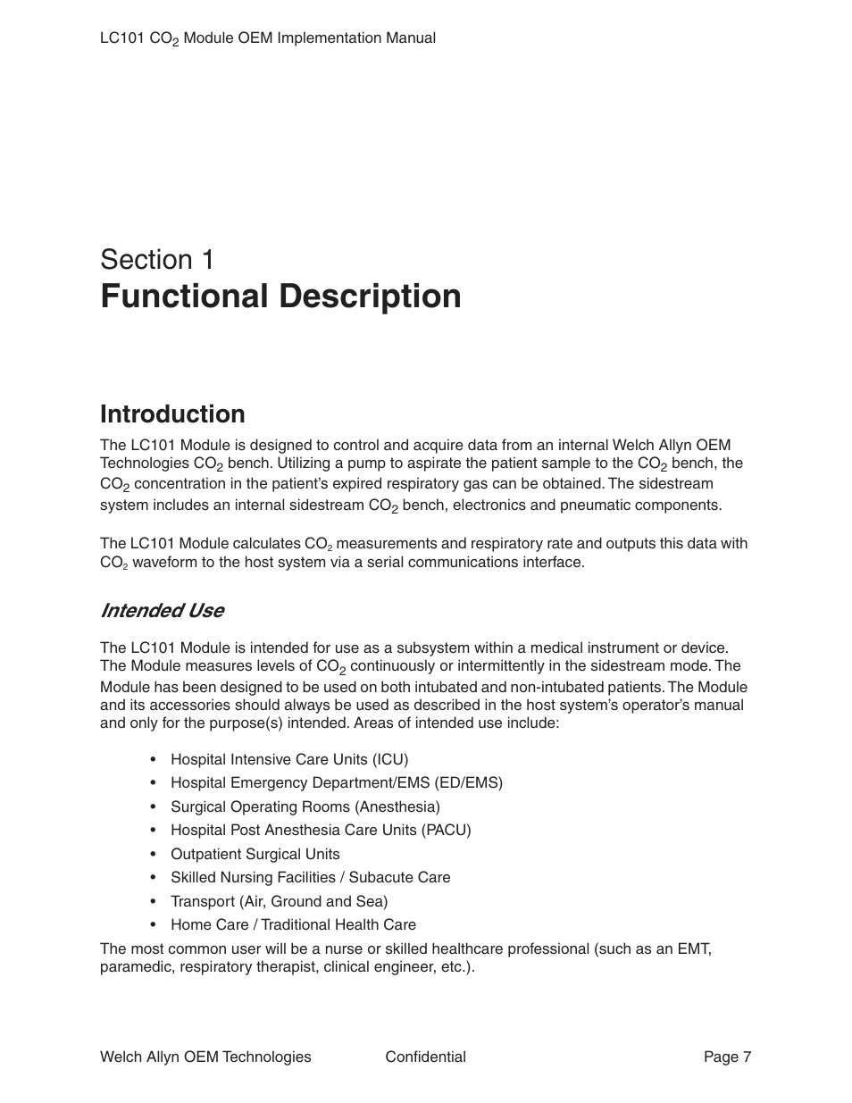 Section 1 functional description, Introduction, Intended use | Section 1, Functional description, Intr oduction | Welch Allyn LC101 CO2 Module  - User Manual User Manual | Page 7 / 98