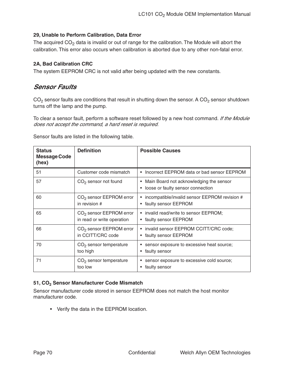 Sensor faults | Welch Allyn LC101 CO2 Module  - User Manual User Manual | Page 70 / 98