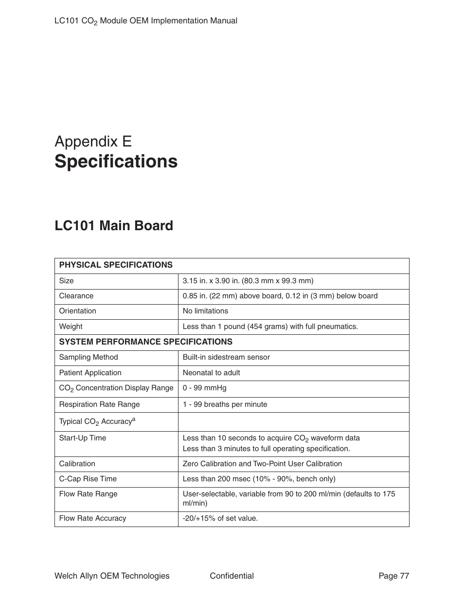 Appendix e specifications, Lc101 main board, Appendix e | Specifications | Welch Allyn LC101 CO2 Module  - User Manual User Manual | Page 77 / 98