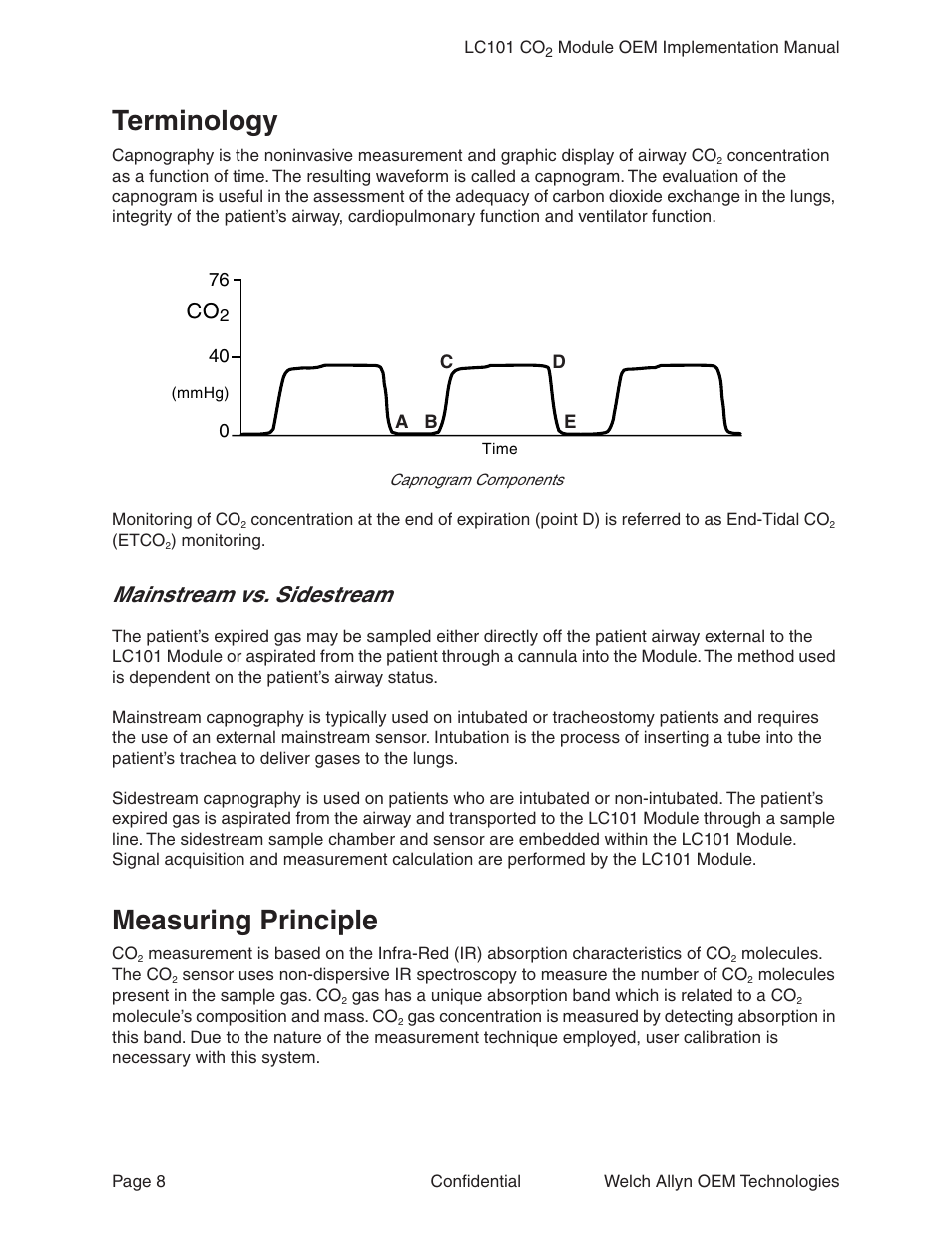 Terminology, Mainstream vs. sidestream, Measuring principle | Welch Allyn LC101 CO2 Module  - User Manual User Manual | Page 8 / 98