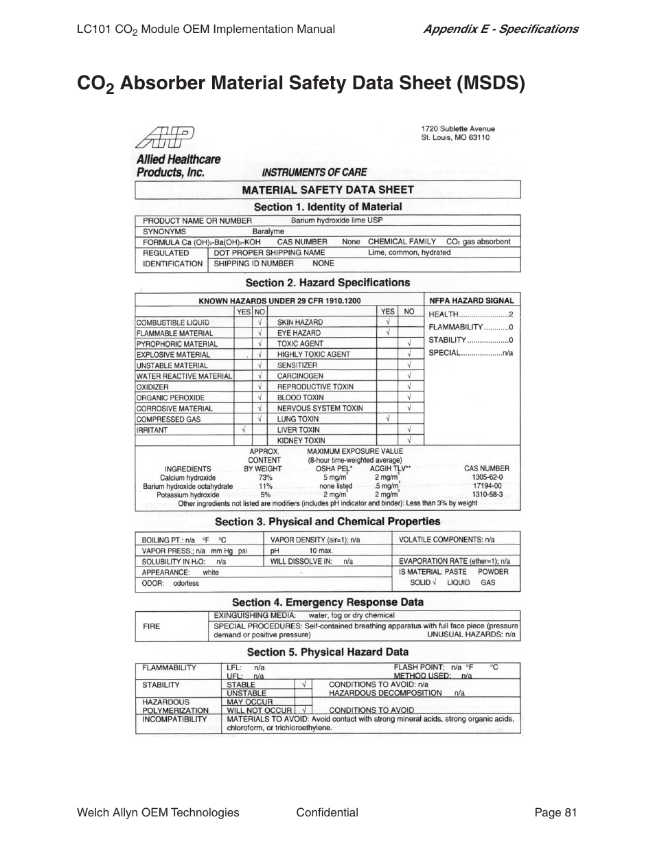 Co2 absorber material safety data sheet (msds), Absorber material safety data sheet (msds) | Welch Allyn LC101 CO2 Module  - User Manual User Manual | Page 81 / 98