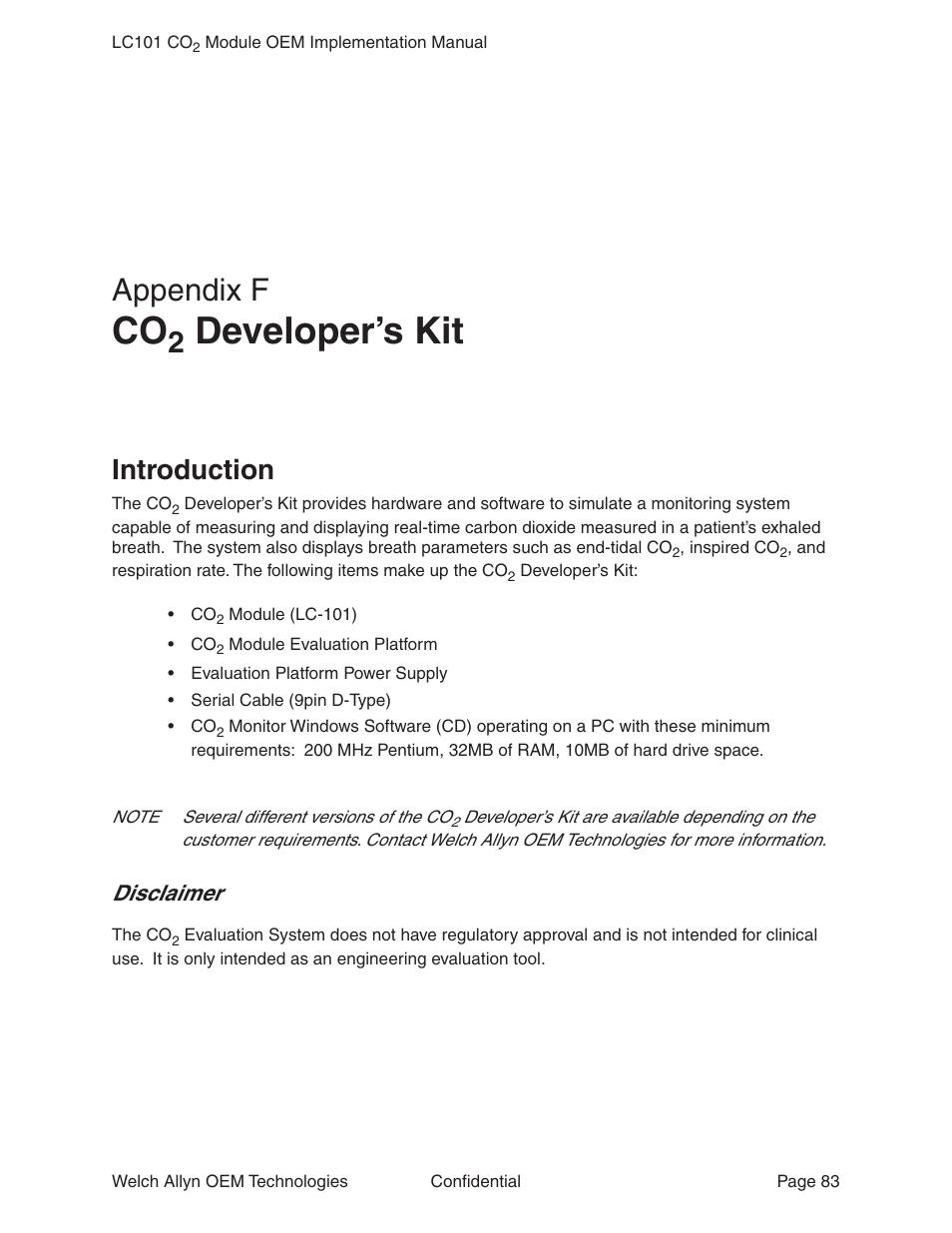 Appendix f co2 developer’s kit, Introduction, Disclaimer | Appendix f, Co2 developer’s kit, Developer’s kit | Welch Allyn LC101 CO2 Module  - User Manual User Manual | Page 83 / 98